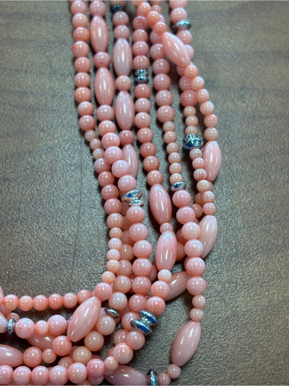 925 Sterling Silver Signed BJ Multi-Strand Salmon Coral Pink Bead Necklace
